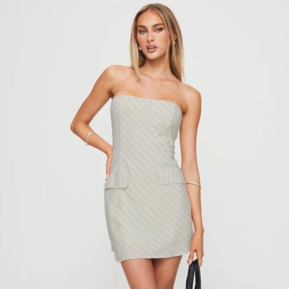 Princess Polly LANGDON STRAPLESS MINI DRESS BEIGE STRIPE